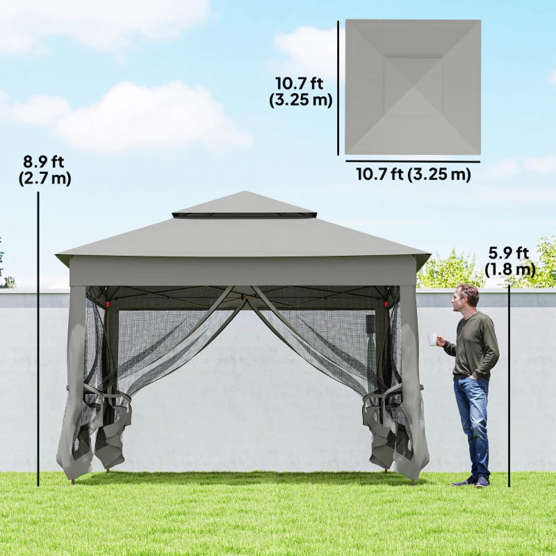 11' x 11' Pop Up Canopy 2-Tier Soft Top Shelter Event Tent w/ Netting Carry Bag for Patio Backyard Garden, Light Grey