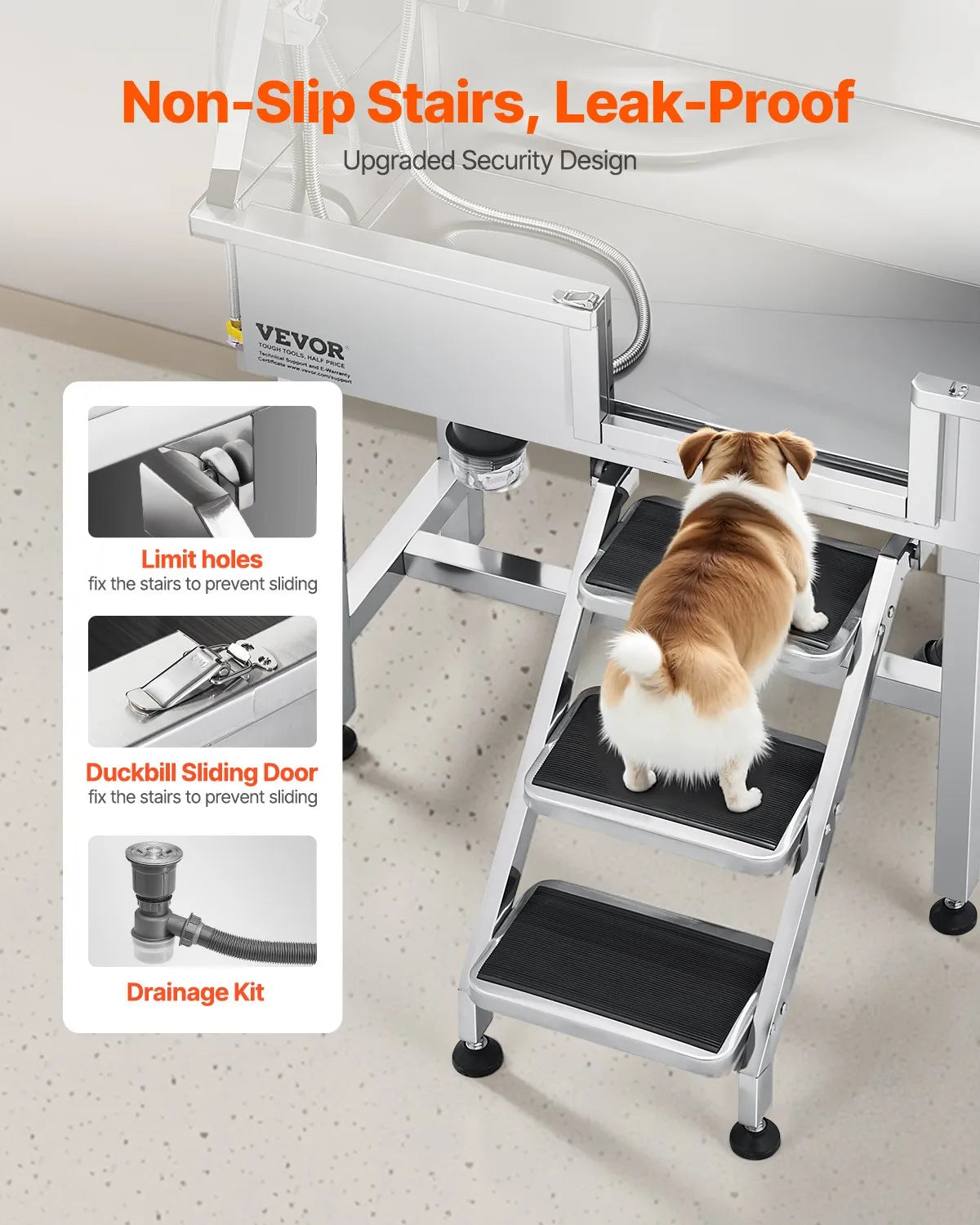 VEVOR 34" Dog Grooming Bath Tub Stainless Steel w Stairs Faucet Showerhead