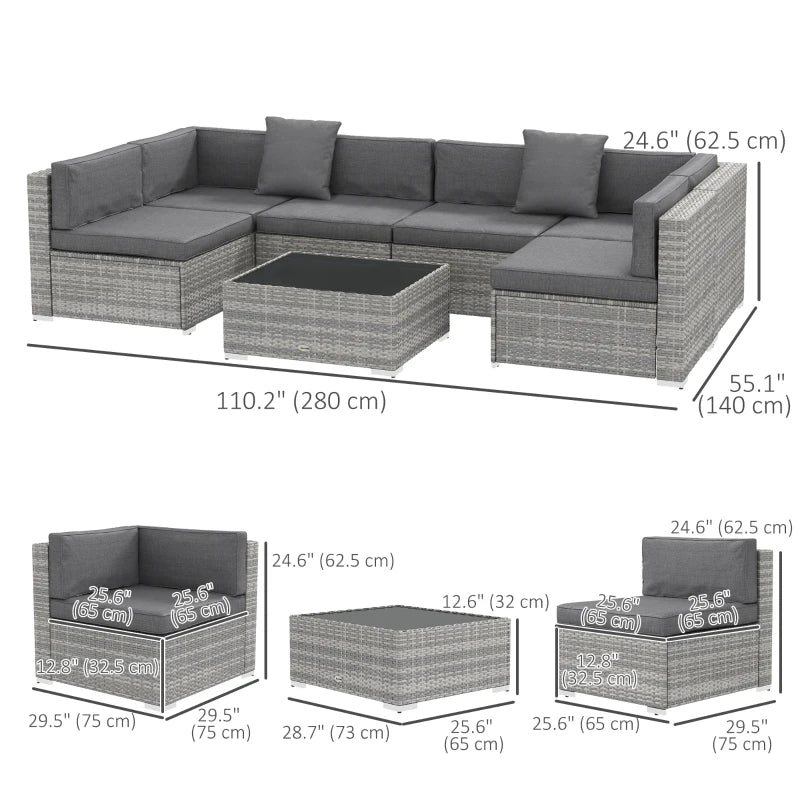 7 Pieces Patio Furniture Set, Rattan Conversation Set Garden Wicker Sofa Set with Washable Cushions and Coffee Table, Grey