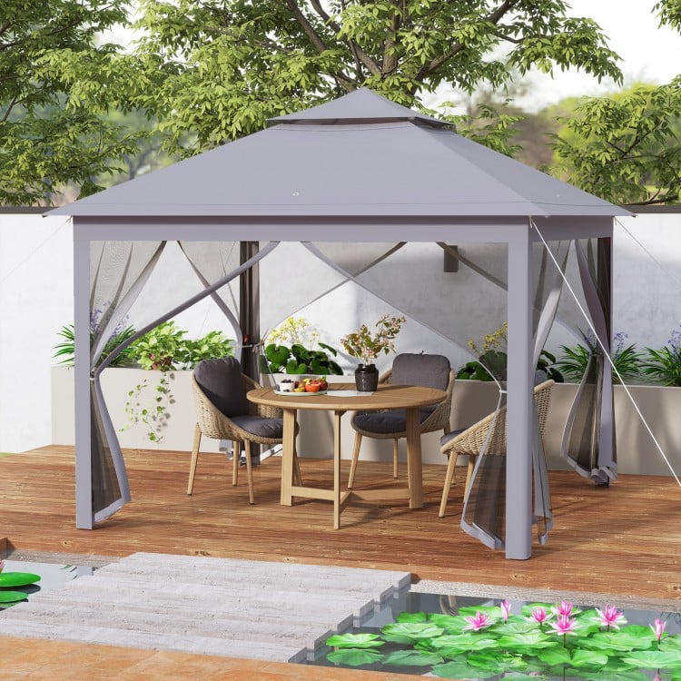 11 x 11 Feet 2-Tier Pop-Up Gazebo Tent Portable Canopy Shelter Carry Bag Mesh-Gray