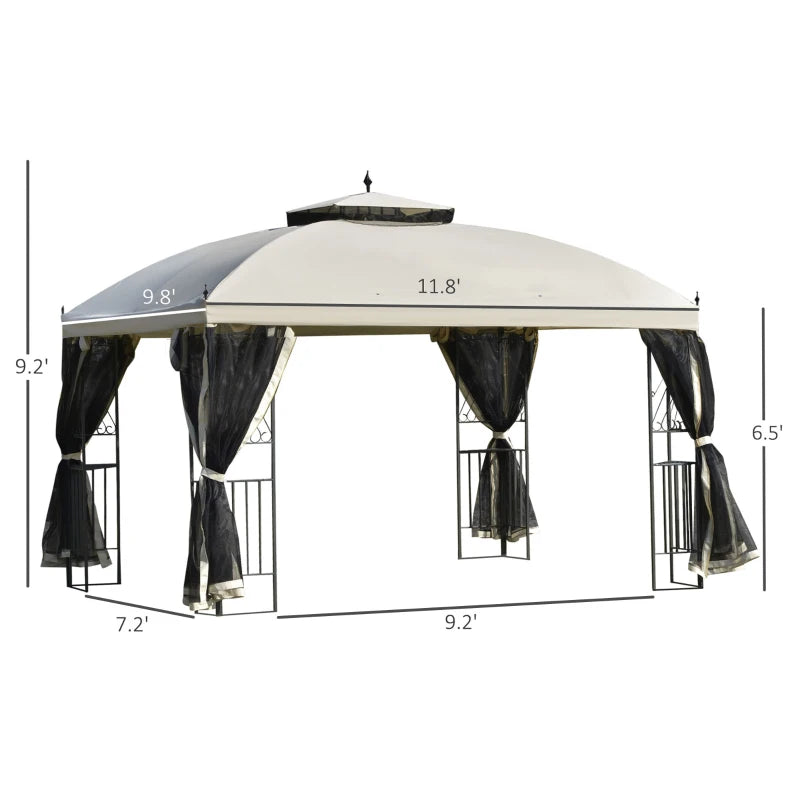 12' x 10' Outdoor Patio Gazebo Canopy with Double Tier Roof, Removable Mesh Sidewalls, Triangular Display Shelves, Beige