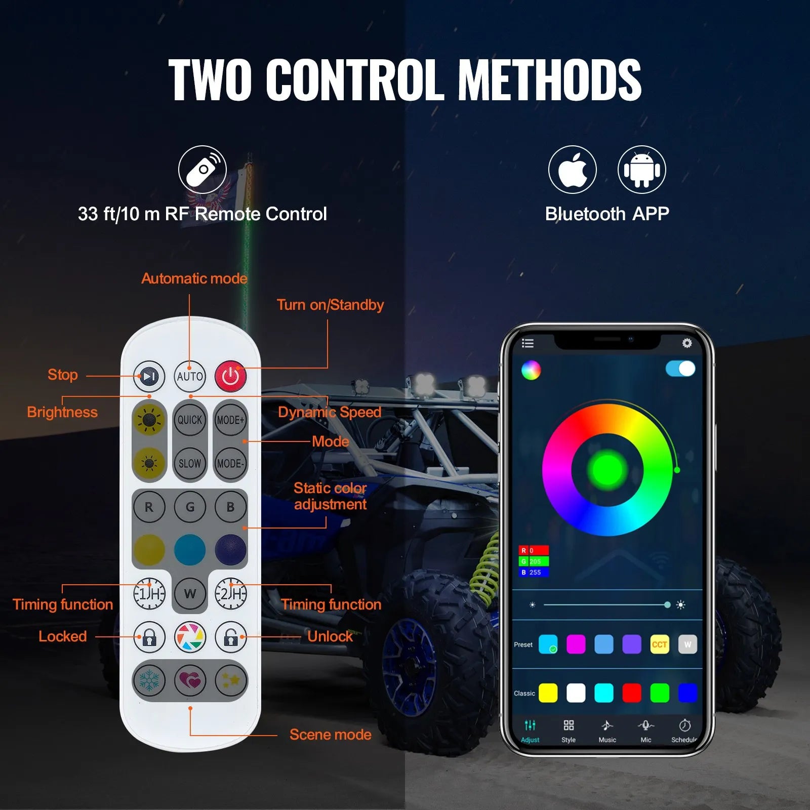 VEVOR 1 PC 3 FT Whip Light, APP & RF Remote Control Led Whip Light, Waterproof 360°Spiral RGB Chasing Lighted Whips with 2 Flags, for UTVs, ATVs, Motorcycles, RZR, Can-am, Trucks, Off-road, Go-karts
