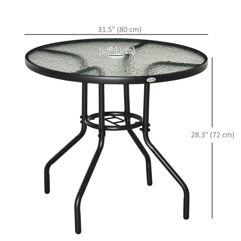 31.5" Round Outdoor Dining Table Coffee Side Bistro Table with Umbrella Hole, Glass Top, Steel Frame for Garden, Patio