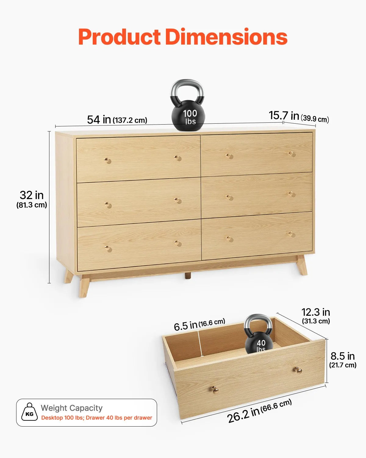 VEVOR 6 Drawer Dresser Wooden Chest of Drawers with Sliding with Anti-tip Device