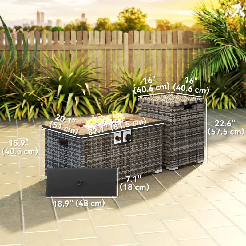 32" Propane Fire Pit Table 40,000 BTU Rattan Outdoor Gas Fire Table with Hideaway Propane Tank Holder, Waterproof Cover