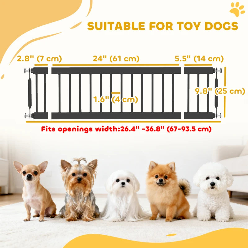 26"-37" Dog Gate, Adjustable Pet Gate, Fits 10" Tall with 2 Extension, Pressure Mount Kit for Stairs and Doorways, Black