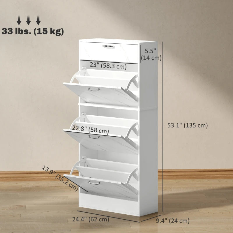 3 Flip Drawer Shoe Cabinet, Marble-Effect Narrow Shoe Storage Cabinet with Top Drawer and Adjustable Shelves, White