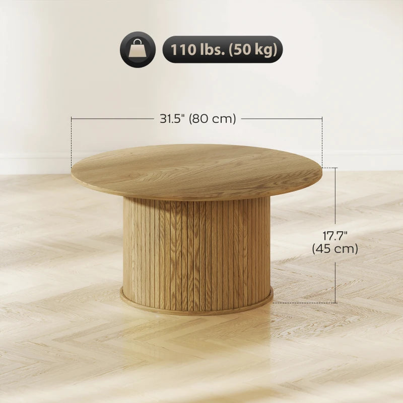 31.5" Round Coffee Table, Nordic Style Center Table with Fluted Cylindrical Base for Living Room, Oak