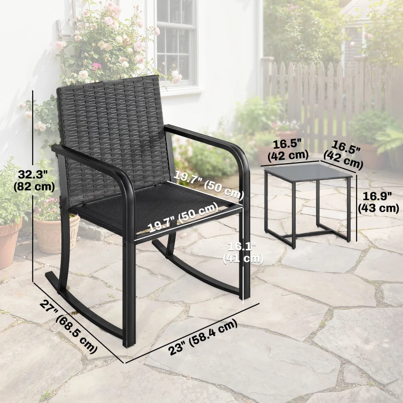 3 Pieces Rocking Bistro Set Outdoor Patio Furniture Set with Cushions, Glass Coffee Table for Balcony, Cream White