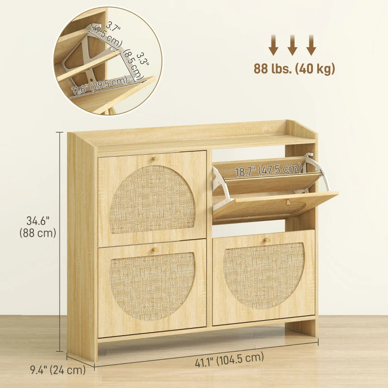 4 Flip-Drawer Shoe Cabinet, Shoe Storage Cabinet with Rattan Doors and Adjustable Shelves, Holds 16 Pairs, Natural