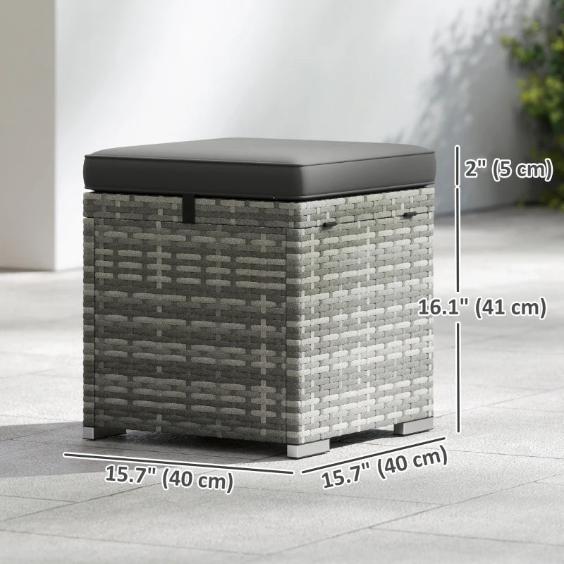 2 Pieces Wicker Outdoor Ottoman with Storage, Cushion, Square Outdoor Footstool, Seating, Side Table, Dark Grey