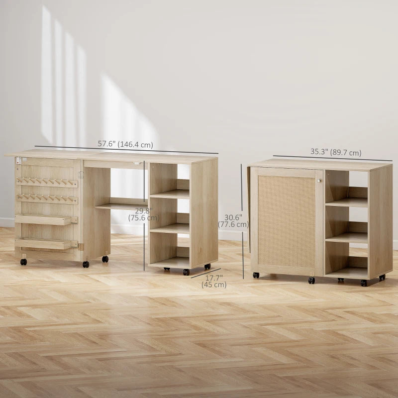Sewing Machine Table with Drop Leaf, Folding Craft Table Rattan Door and Storage Shelves for Small Spaces, Natural