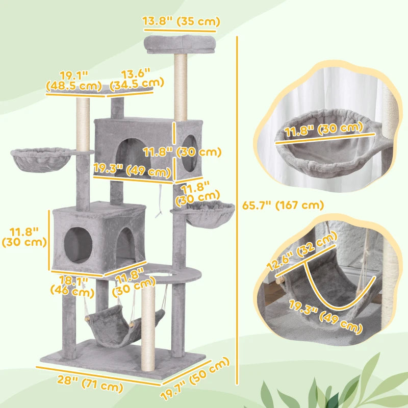 66 Inch Large Cat Tree with 2 Door Condos, 3 Big Hammocks, Plush Top Perch, Sisal Scratching Posts, Light Grey