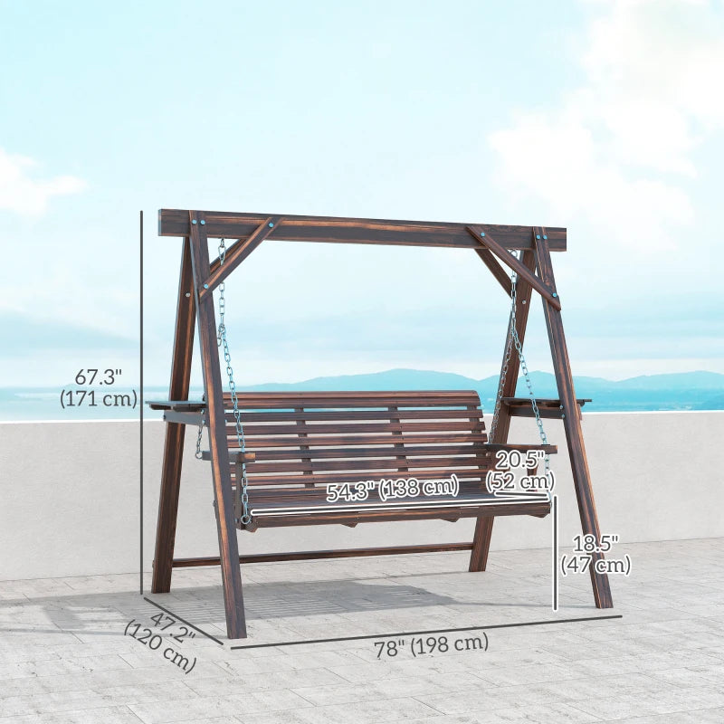 3 Seat Wooden Porch Swing with Stand, Patio Swing with Side Tables, for Garden, Poolside, Backyard, Carbonized Brown