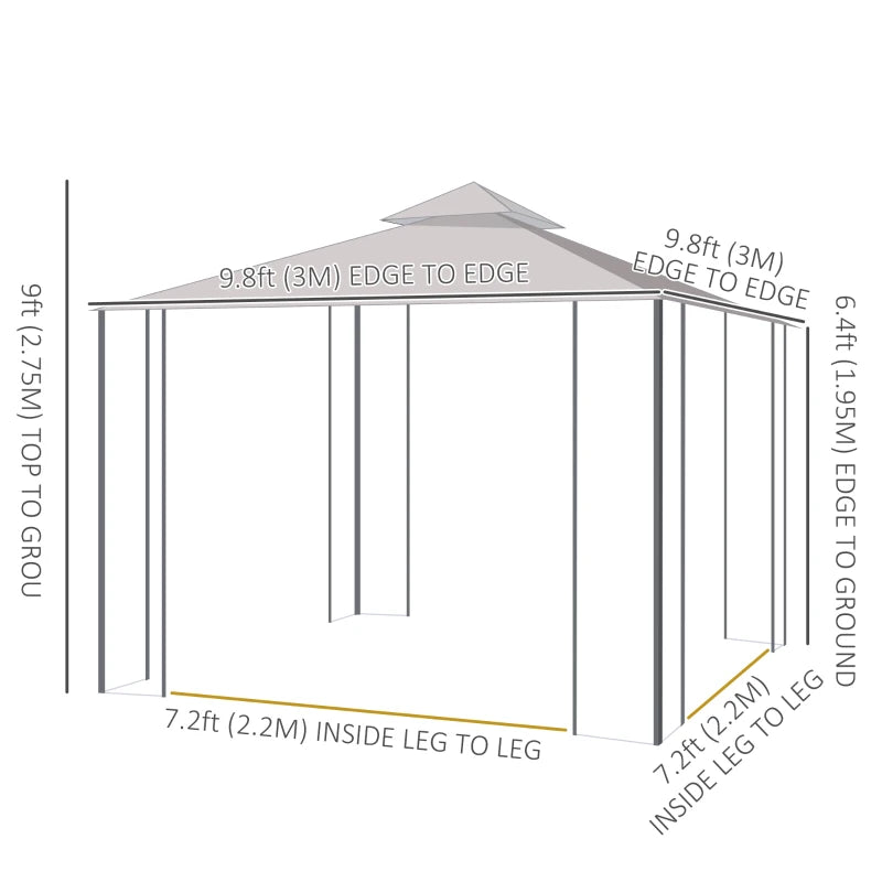 10' x 10' Steel Outdoor Patio Gazebo Canopy with Removable Mesh Curtains, Display Shelves, & Steel Frame, Brown