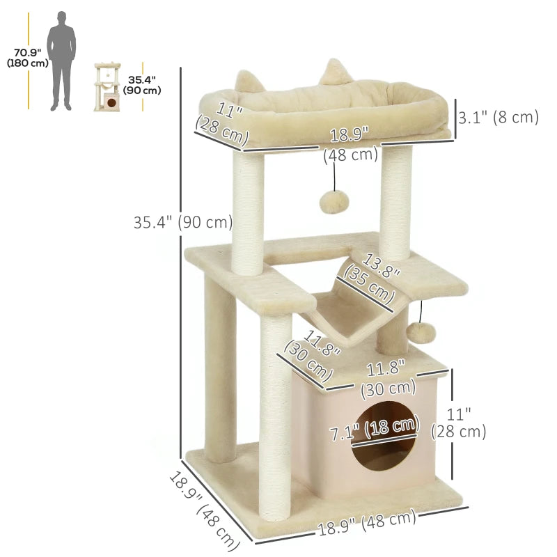39.25'' Cat Tree Tower Multi-Level Kitten House with Scratching Post Condo Hammock Bed Ball Toy - Beige