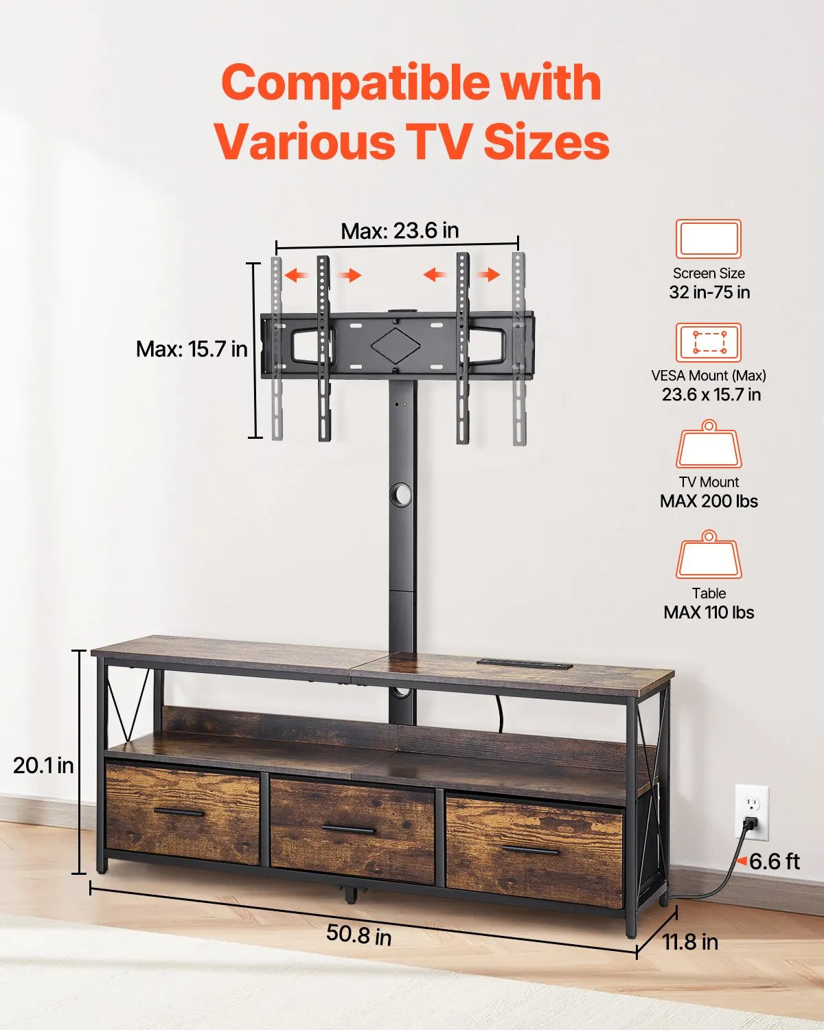 VEVOR 52" TV Stand with Mount for up to 75 in TVs with 3 Drawers & LED Lights