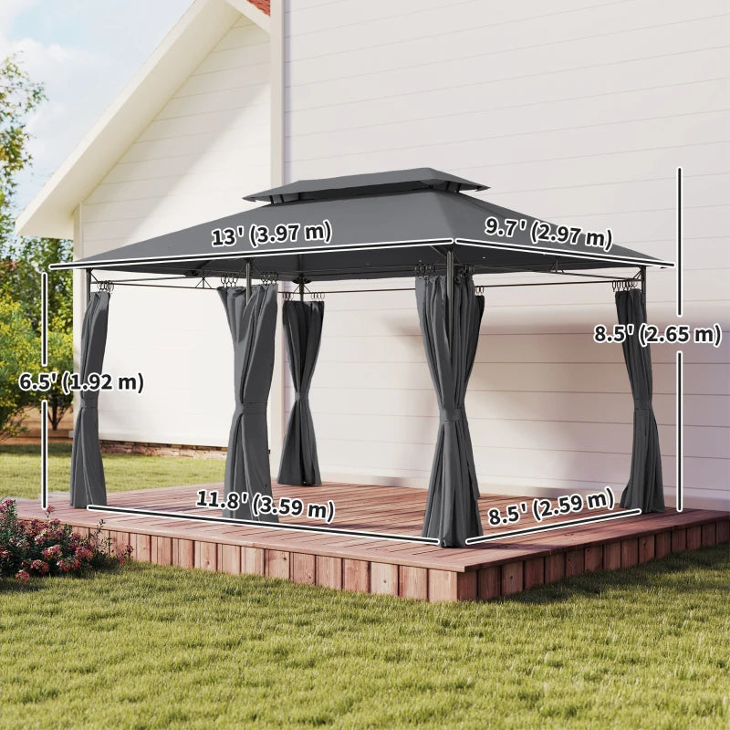10' x 13' Double Roof Patio Gazebo, Outdoor Gazebo with Curtains, for Garden, Lawn, Backyard and Deck, Grey