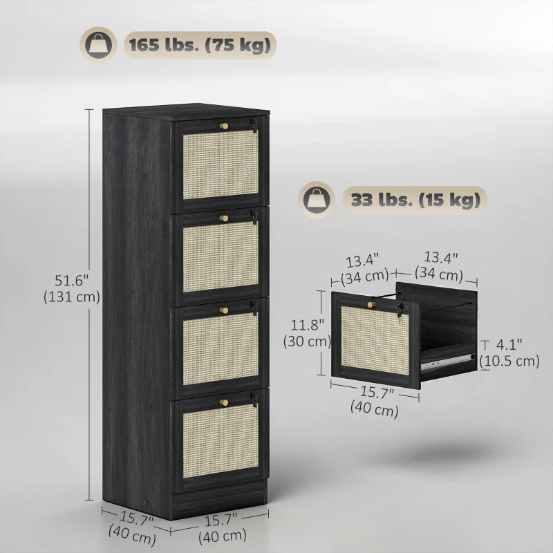 4 Drawer Filing Cabinet with Lock, Boho File Cabinet for A4 Letter Size Files with Decorative Rattan Accents, Black