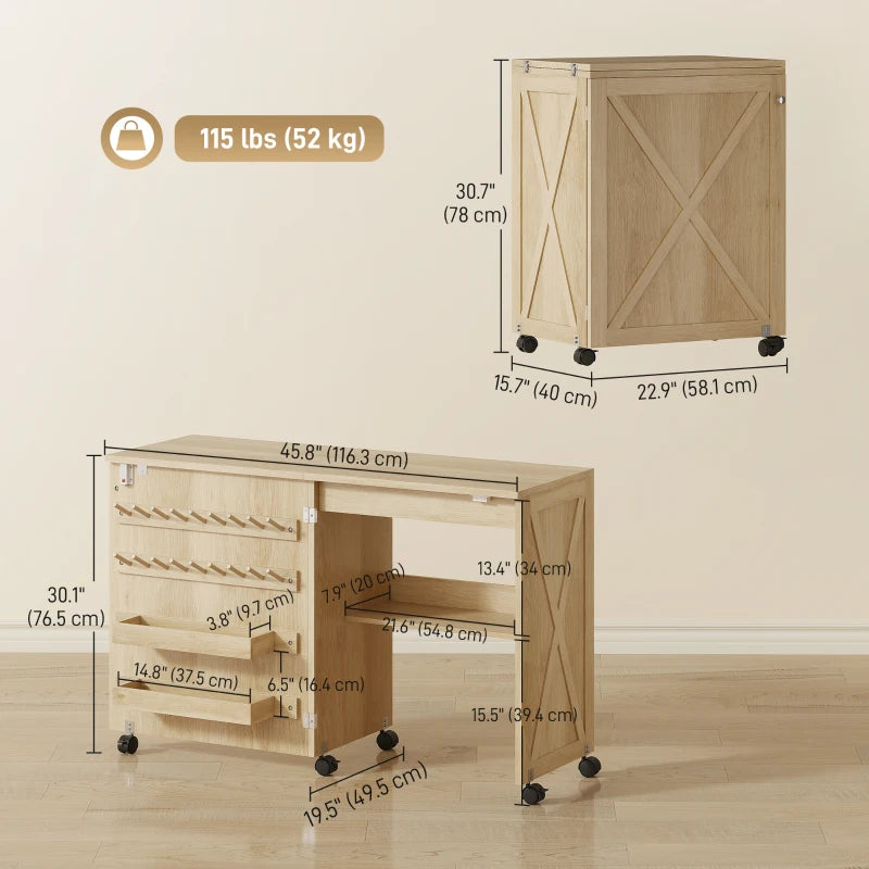 Sewing Machine Table on Wheels, Folding Craft Table with 2 Bins, Storage Shelf, 18 Pegs, Lockable Wheels, Natural