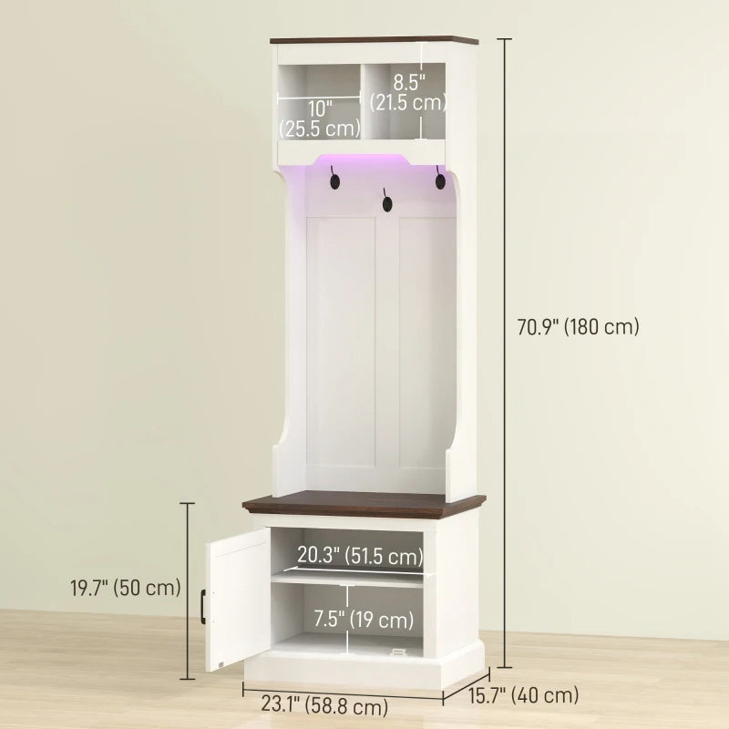 3-in-1 Hall Tree with LED Lights and Bench, Coat Rack with Shoe Storage, White Wood Grain with Light