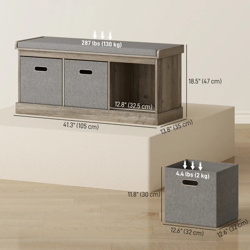 Shoe Storage Bench with Seat, Entryway Bench Seat with Cushion, 3 Fabric Drawers for Hallway, Washed Grey