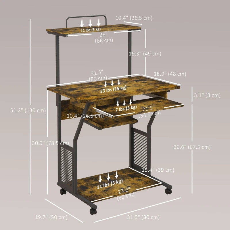32" Mobile Computer Table, Rolling Study Desk for Home Office with Keyboard Tray, Storage Shelves, Wheels, Rustic Brown
