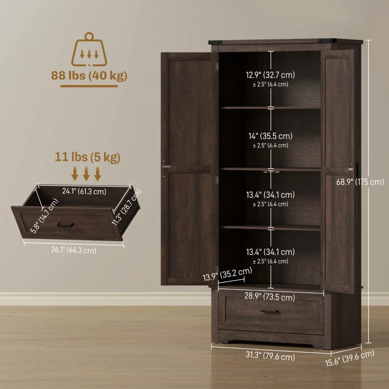 69" Tall Farmhouse Kitchen Pantry Cabinet with 2 Doors, Drawer and Adjustable Shelves, Dark Brown