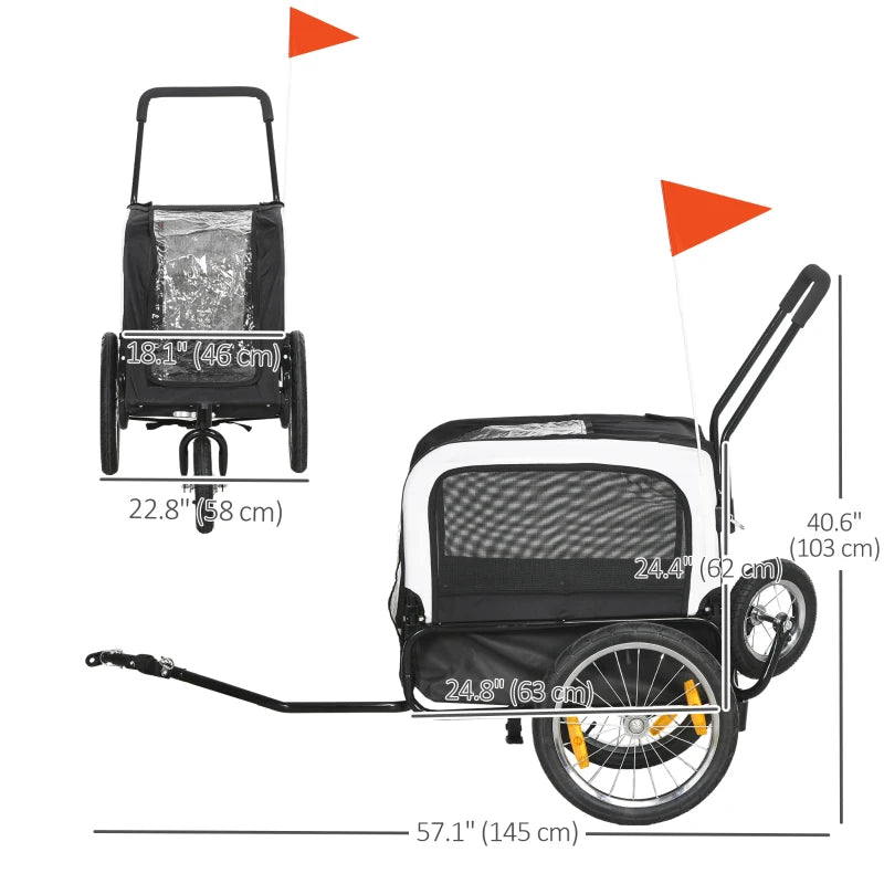 2 in 1 Dog Bike Trailer, Dog Stroller with Safety Leash, Hitch, Flag, Reflectors, Cushion for Small Dogs, Black