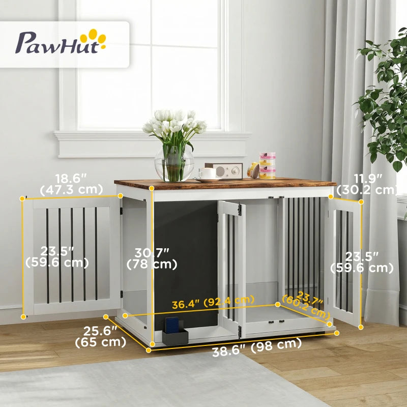 39" Dog Crate Furniture Side End Table for Large Dogs w/ Blackboard, Three Doors, White