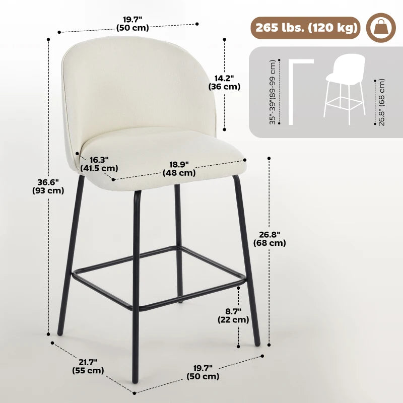 Set of 2 Counter Height Barstools, Upholstered Linen Bar Stools with Backrest, Footrest and Steel Legs, Cream White