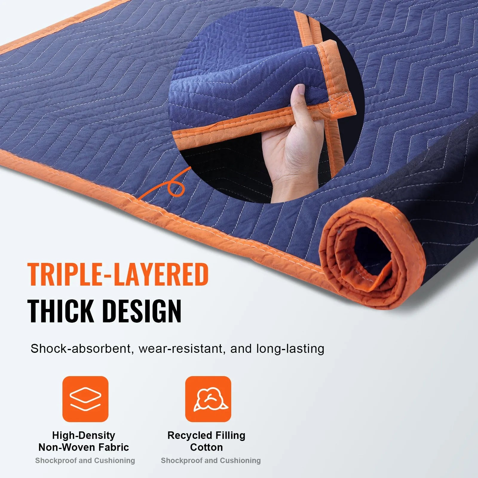 VEVOR Moving Blankets, 80" x 72", 65 lbs/dz Weight, 12 Packs, Professional Non-Woven & Recycled Cotton Packing Blanket, Heavy Duty Mover Pads for Protecting Furniture, Floors, Appliances, Blue/Orange