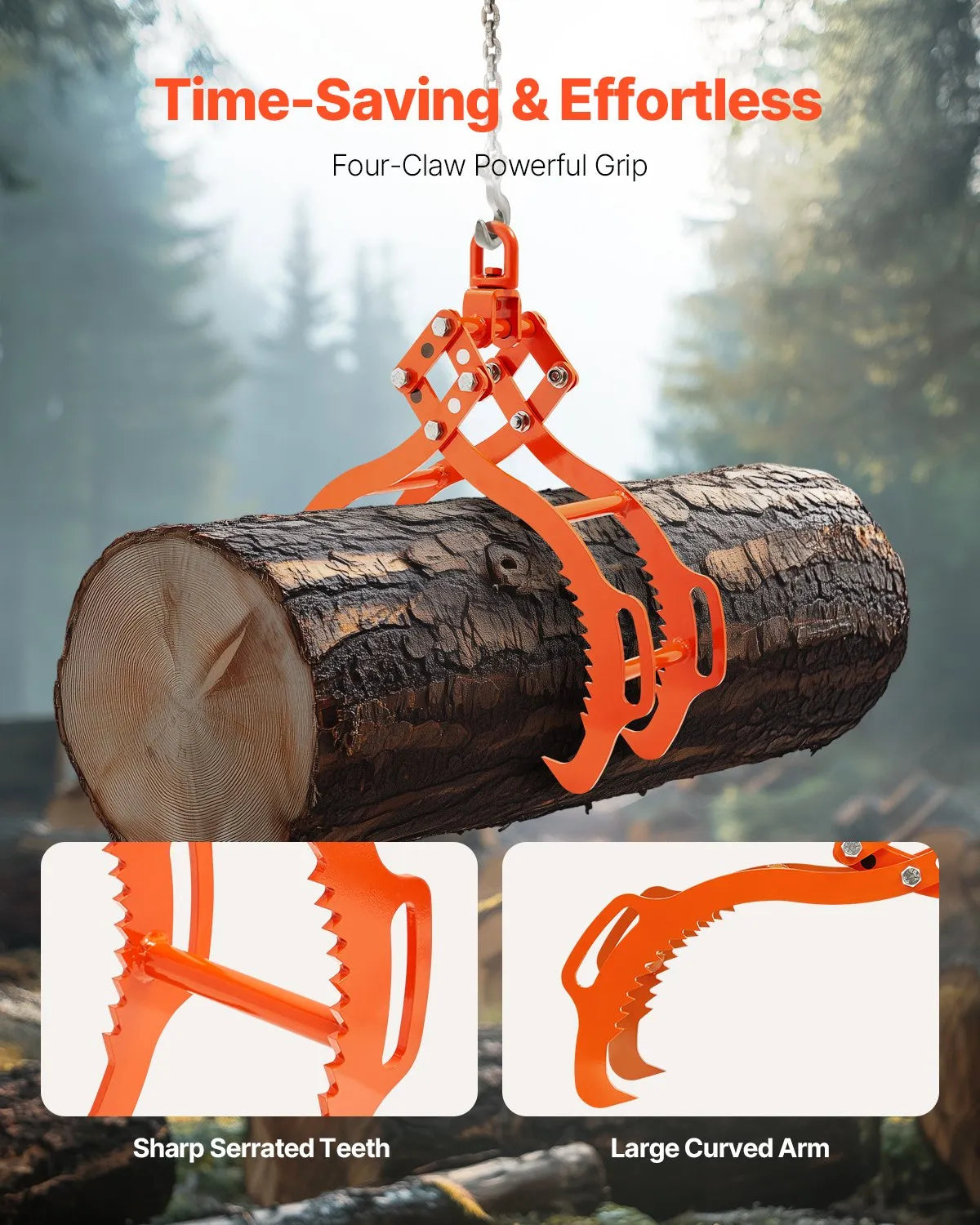 VEVOR 36in Log Lifting Tongs 4 Claw Solid Steel Log Grapple Swivel Log Tools