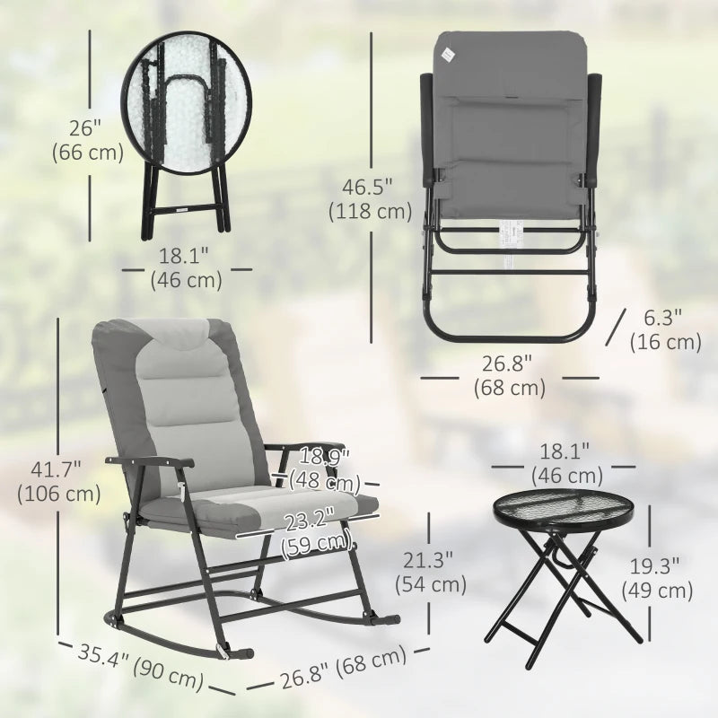3-Piece Outdoor Foldable Rocking Chair Set, Light Grey