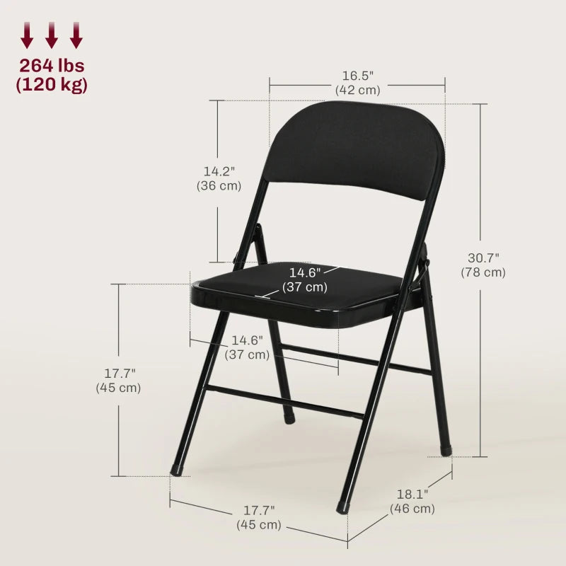 Set of 6 Metal Foldable Chairs, Linen Padded Folding Chairs with Cushion Seat and Open Back for Indoor, Black