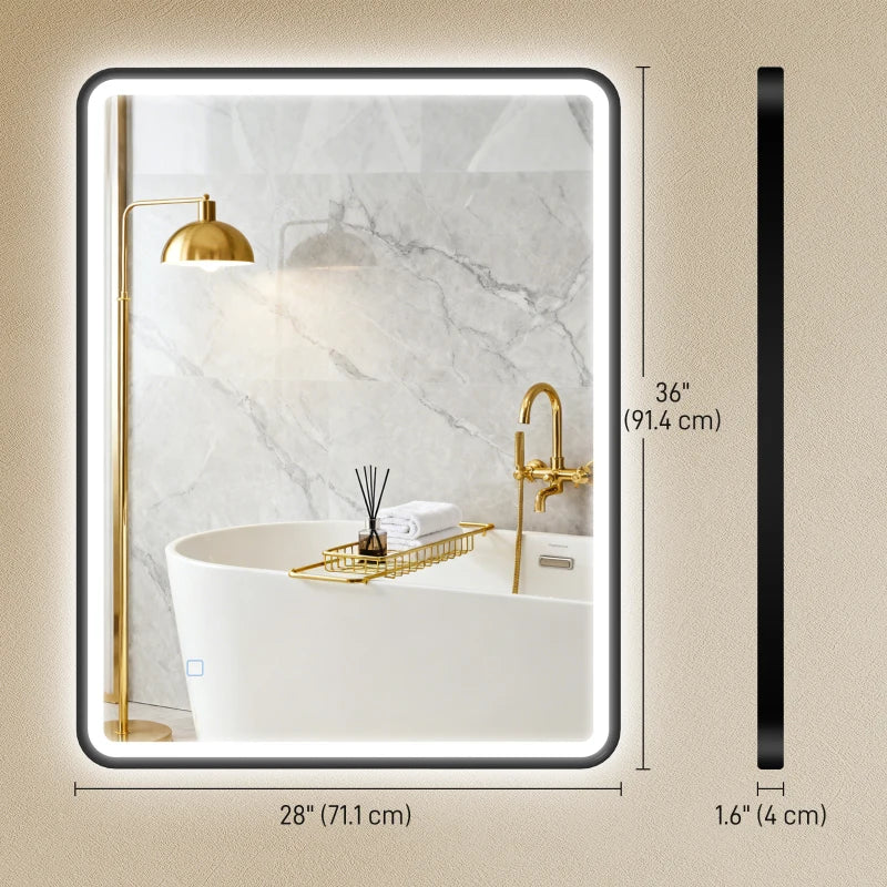 36" x 28" Bath Mirror with LED Lights, Wall Mounted Restroom Mirror, 3 Colours, Dimmable, Horizontal/Vertical, Black