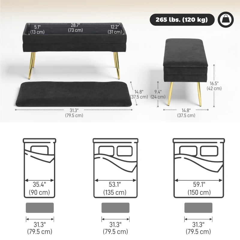 31" Storage Ottoman, Velvet End of Bed Bench with Steel Legs, Foot Stool with Storage for Bedroom, Living Room, Black