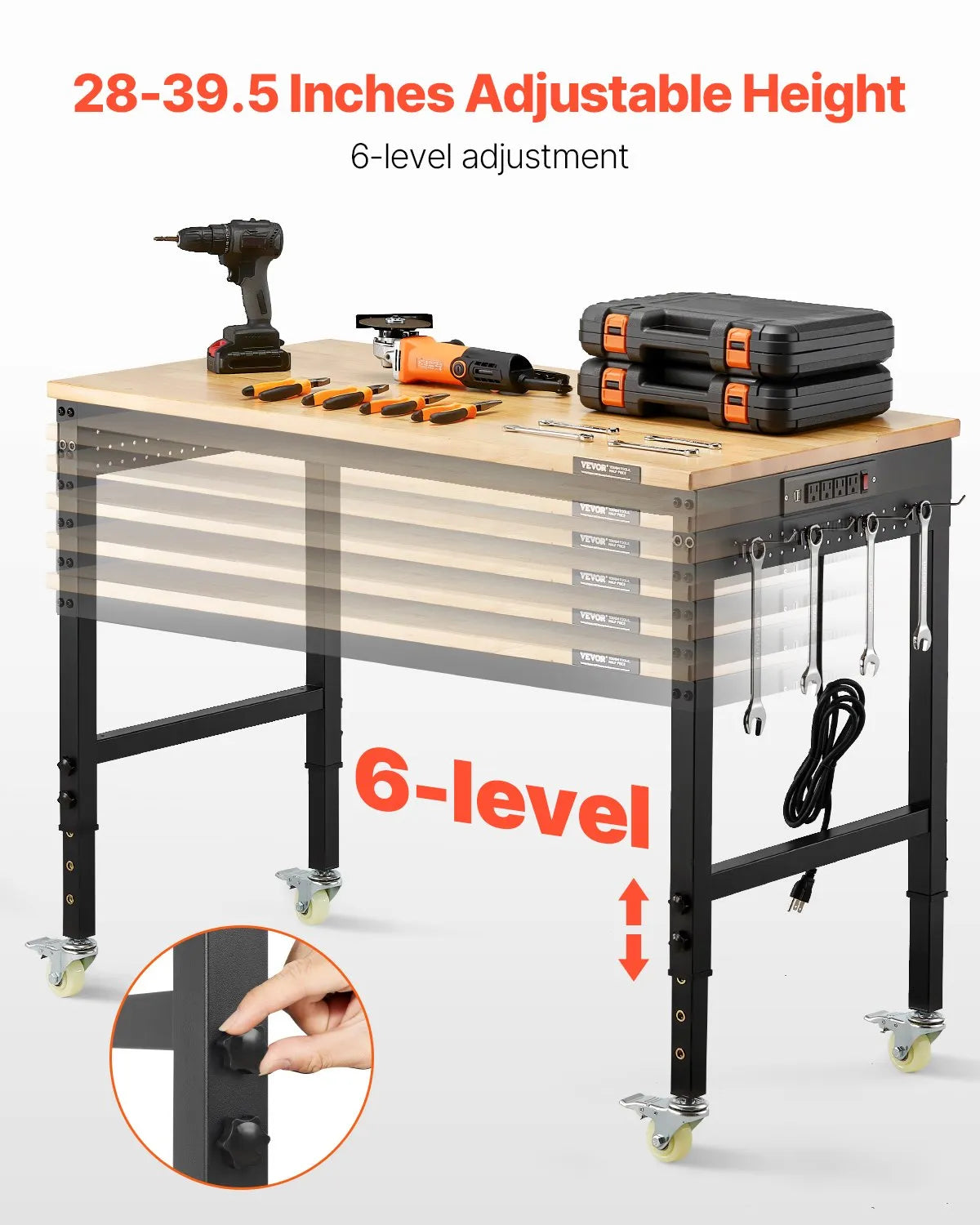 VEVOR 48" Workbench on Wheels Adjustable Height Table with Power Outlet & Pegboard