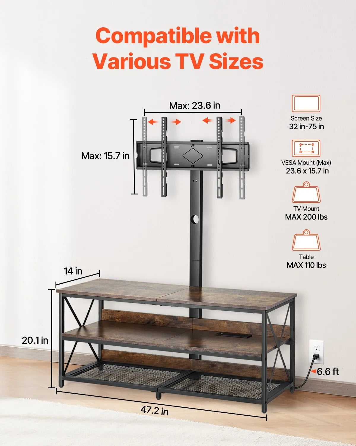 VEVOR 48" TV Stand with Mount for up to 75" TV Power Outlet & Storage Cabinets