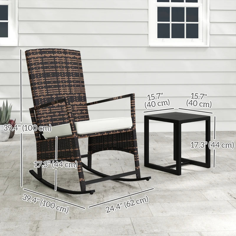 3 Piece Rocking Bistro Set, Wicker Patio Furniture with 3-Level Reclining High Back Rocking Chair and Glass Table, White