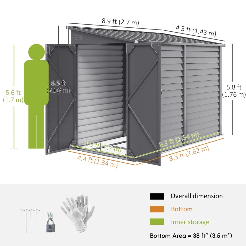 4.6' x 9' Steel Outdoor Storage Shed, Lean to Shed, Metal Tool House with Foundation Kit, Lockable Doors, Gloves and 2 Air Vents for Backyard, Patio, Lawn, Grey