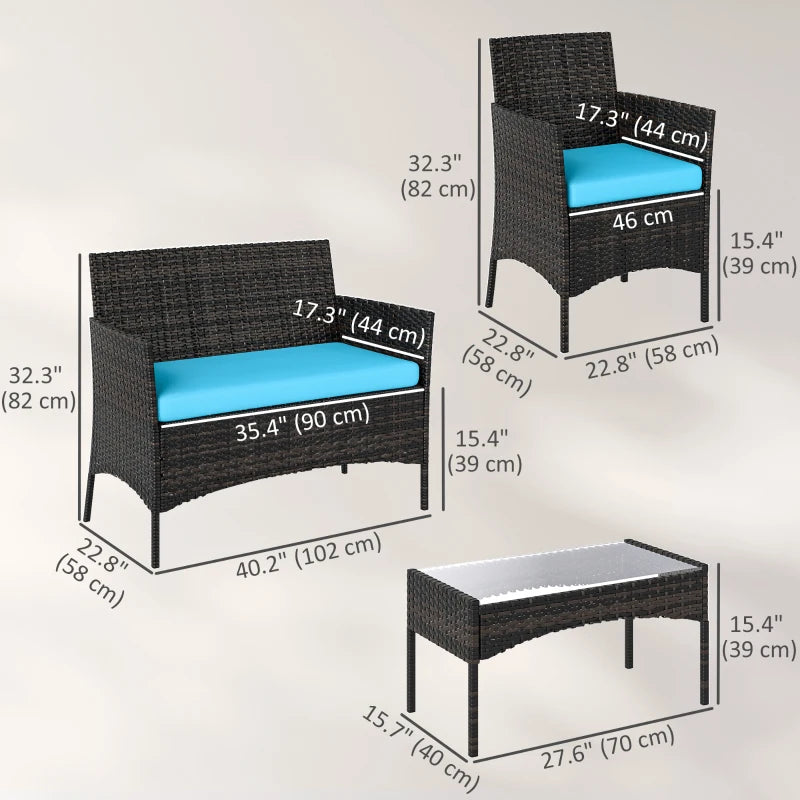 4 Pieces Wicker Outdoor Balcony Furniture Set Rattan Patio Furniture Set with Loveseat Chairs Glass Coffee Table Turquoise