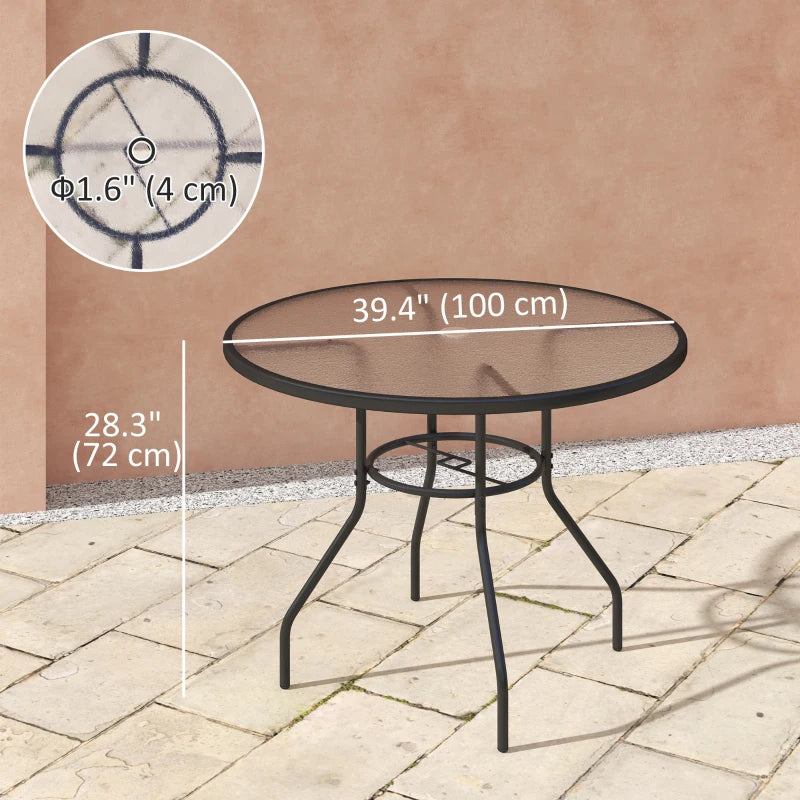 39.4" Round Outdoor Dining Table Coffee Side Bistro Table with Umbrella Hole, Glass Top, Steel Frame for Garden, Patio