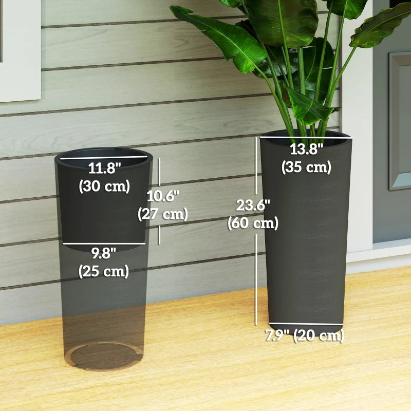 24" Tall Planters Set of 2, Indoor Outdoor Plastic Flower Pots with Inner Bucket and Drainage Holes, Dark Gray