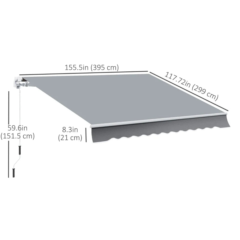 10x8ft Patio Awning Manual Retractable Sun Shade Aluminum Frame Grey