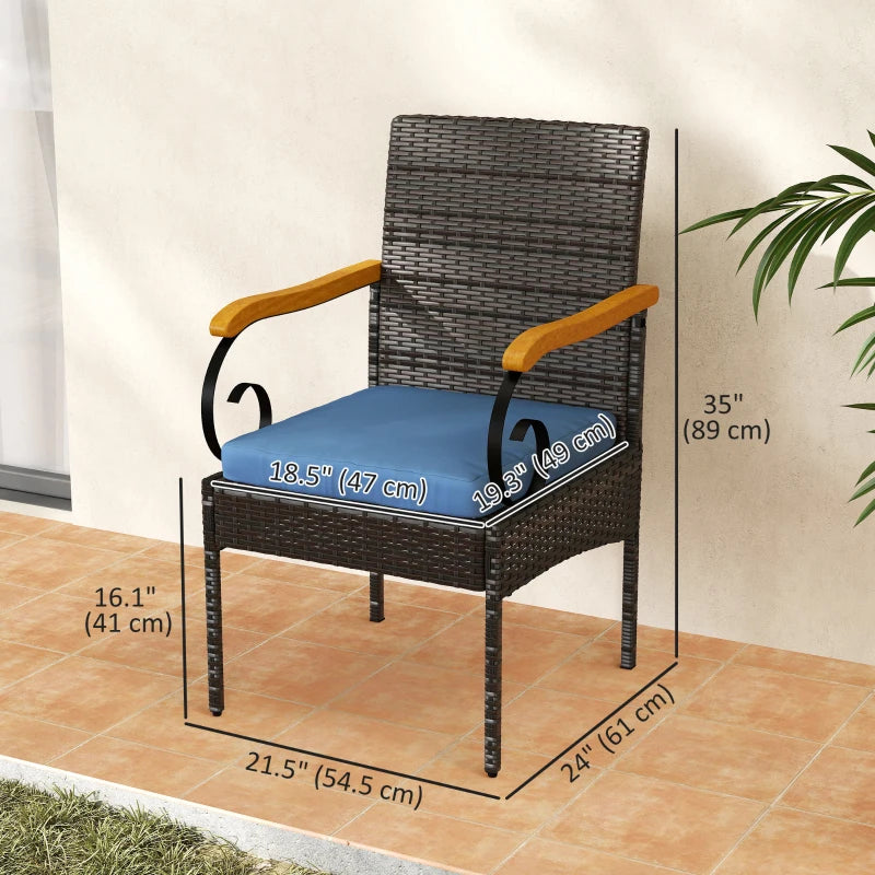 Set of 2 Rattan Outdoor Dining Chairs, Wicker Patio Chairs with Removable Cushion, Acacia Wood Armrests, Navy Blue