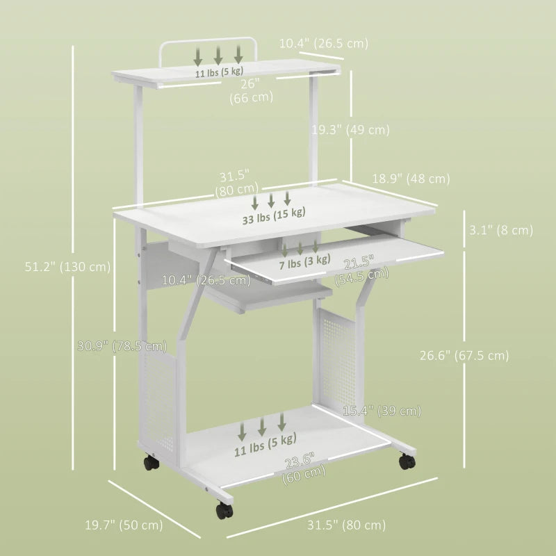 32" Mobile Computer Table, Rolling Study Desk for Home Office with Keyboard Tray, Storage Shelves, Wheels, White