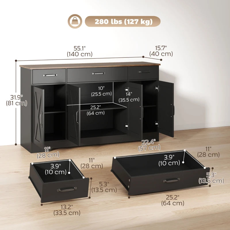 Sideboard Buffet Cabinet, 55" Farmhouse Kitchen Cabinet with 4 Barn Doors, 3 Drawers, 3 Adjustable Shelves, Black