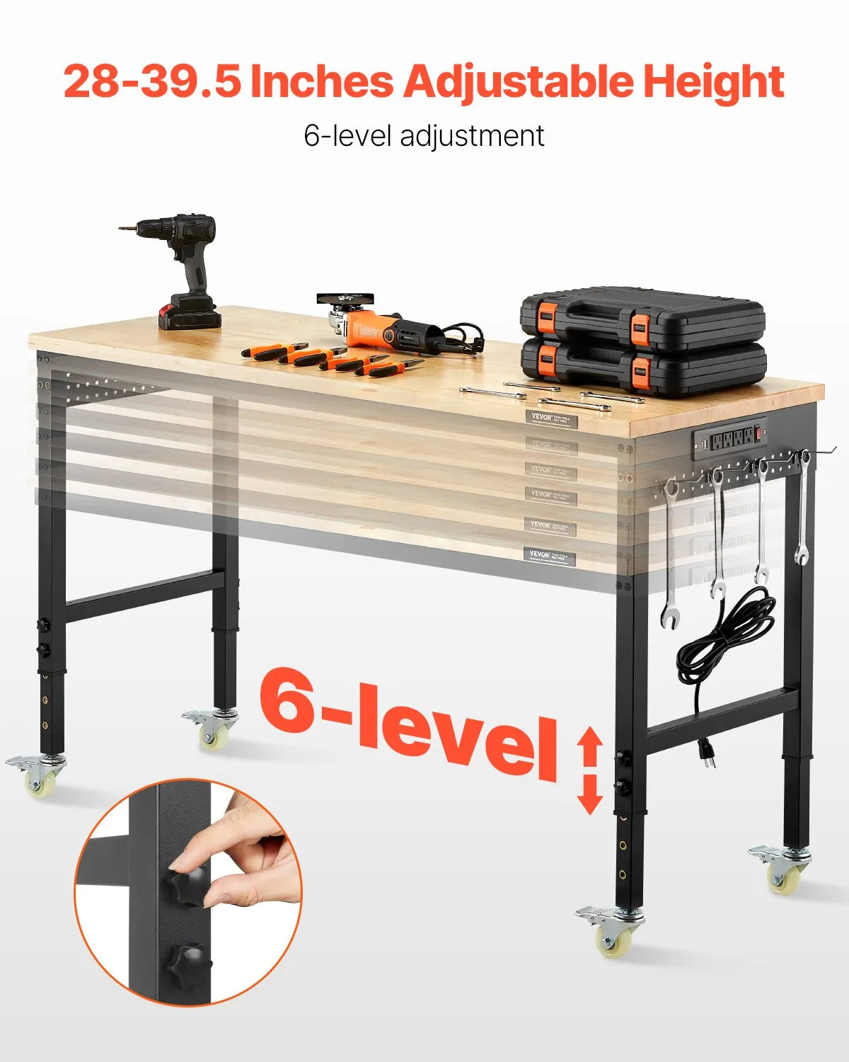 VEVOR 60" Workbench on Wheels Adjustable Height Table with Power Outlet & Pegboard