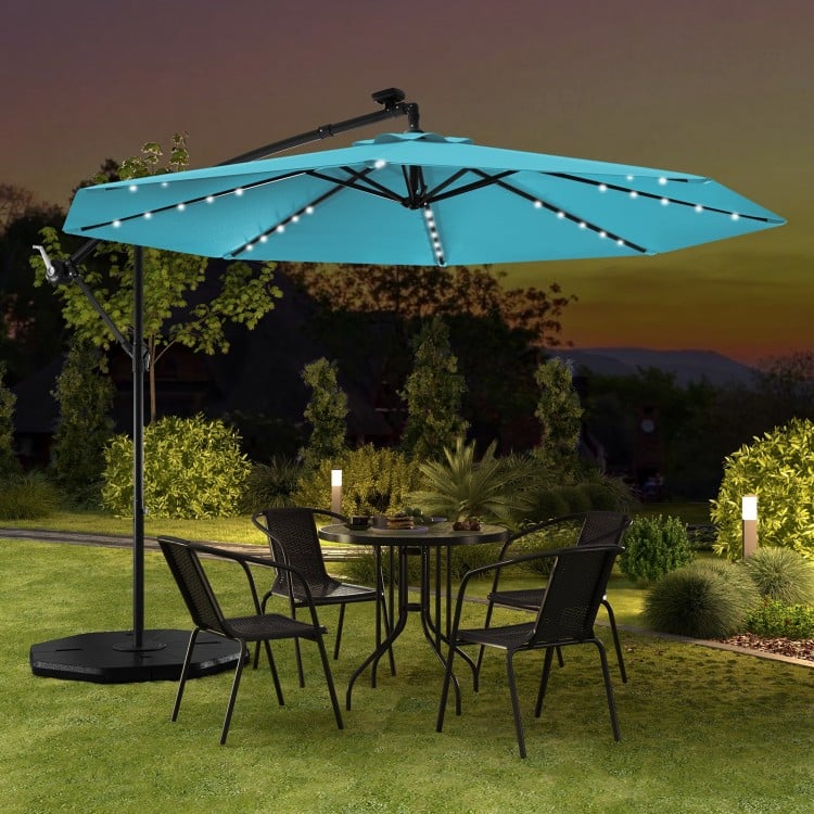 10 Feet Solar LED Offset Umbrella with 40 Lights and Cross Base for Patio-Turquoise